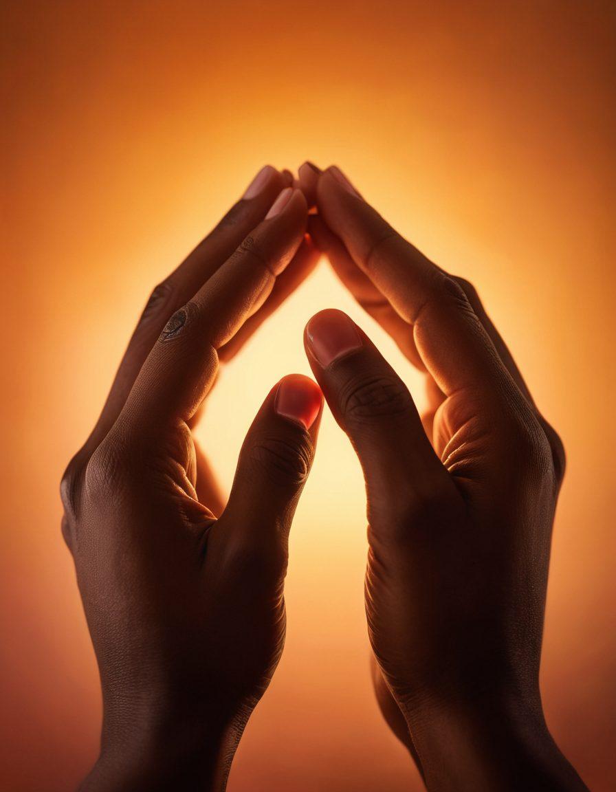 A pair of hands gently intertwining with soft, glowing light surrounding them, symbolizing intimacy and connection. In the background, silhouettes of diverse couples engaging in tender moments, representing education and passion in various settings. Warm and inviting colors to evoke emotion and warmth. Abstract shapes blend into the scene, hinting at the complexities of sexuality. super-realistic. vibrant colors. soft-focus.