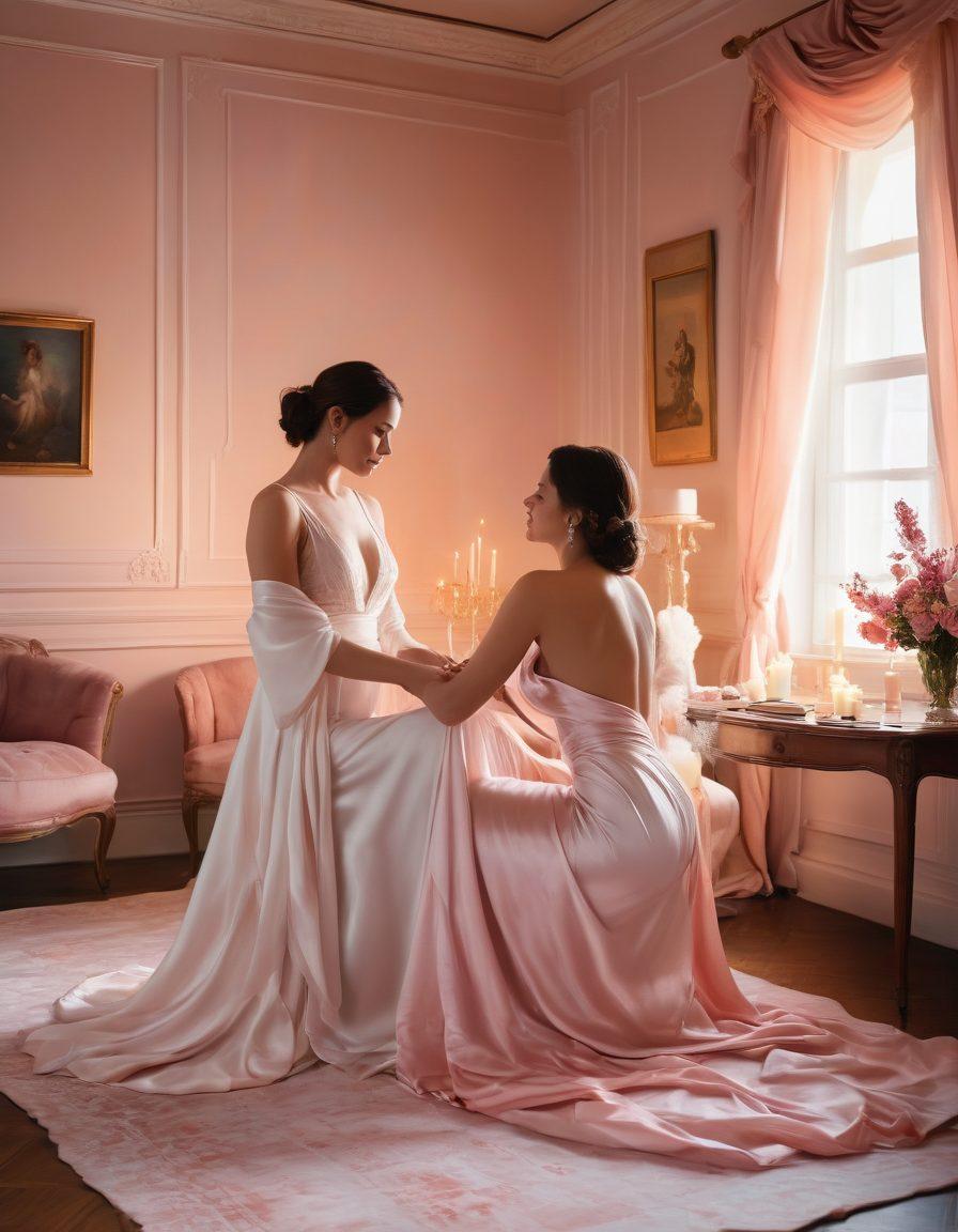 A passionate couple exploring intimacy in a softly lit room adorned with elegant, flowing fabrics. Surround them with romantic elements like candles and flowers, symbolizing love and desire. Include subtle hints of books and art representing erotic knowledge on a nearby table. The scene conveys warmth and connection, inviting viewers to delve deeper into the realms of pleasure and empowerment. painting. soft colors. intimate atmosphere.